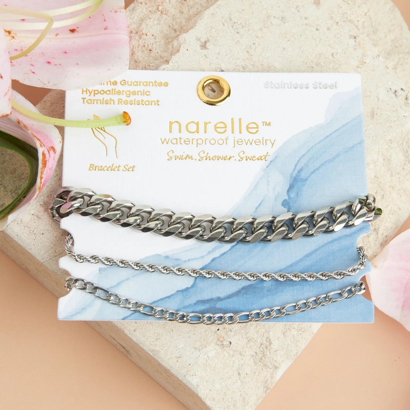 Narelle - Waterproof Figaro Chain Bracelet Set, Silver - Image 2