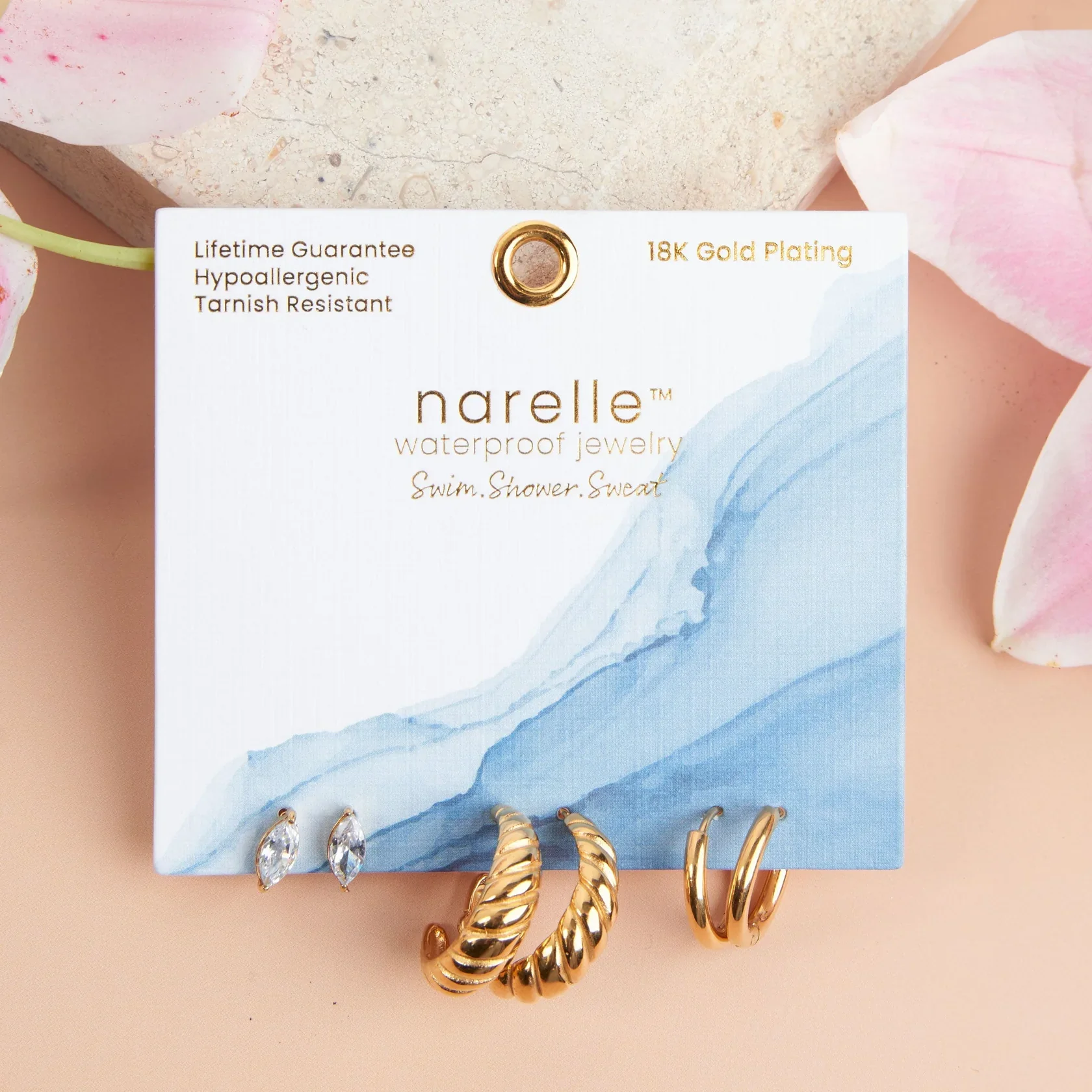 Narelle - Waterproof Half Moon Hoop Earring Trio, Gold - Image 2