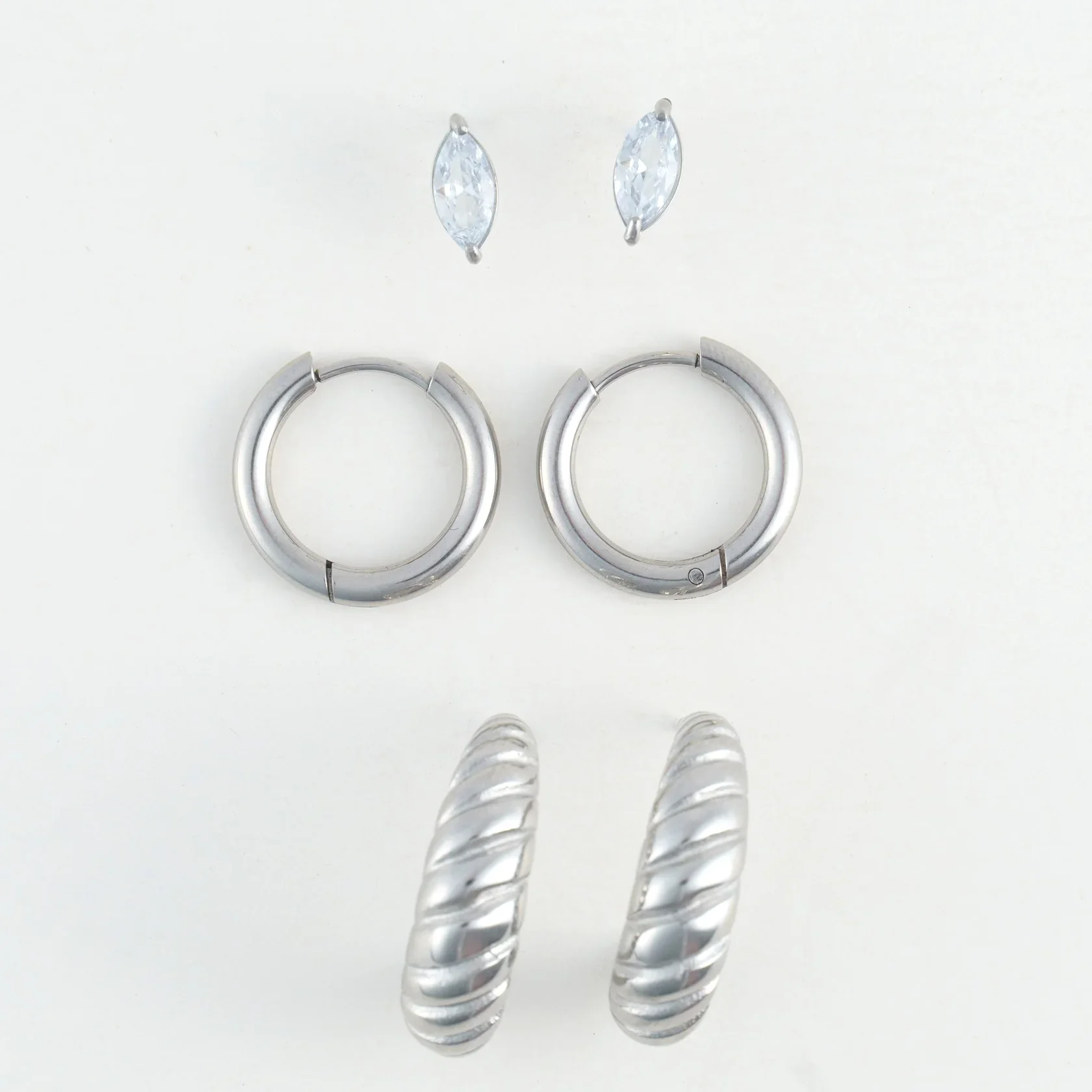 Narelle - Waterproof Half Moon Hoop Earring Trio, Silver