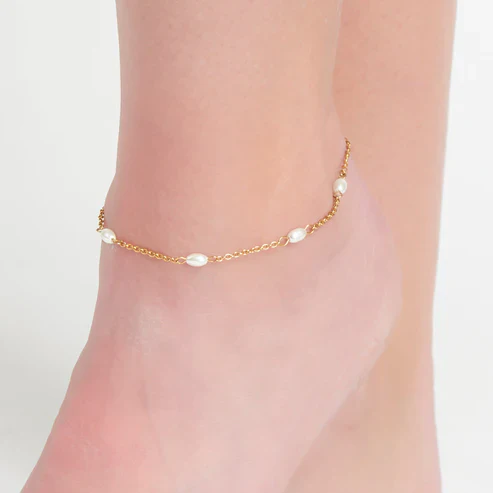 Narelle - Waterproof Pearl Anklet, Gold - Image 2