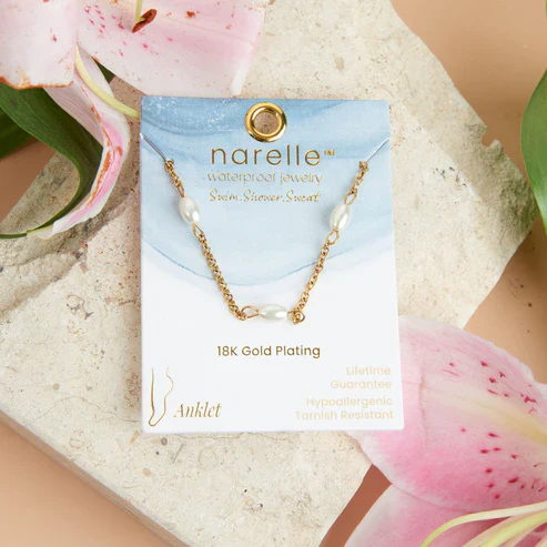 Narelle - Waterproof Pearl Anklet, Gold - Image 3