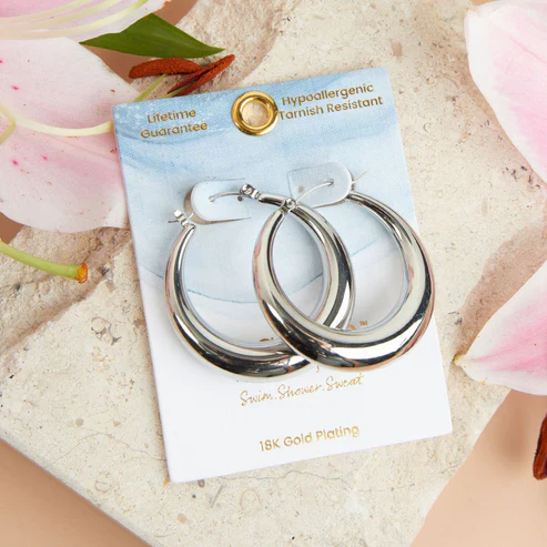 Narelle - Waterproof Round Hoop Earrings, Silver - Image 2