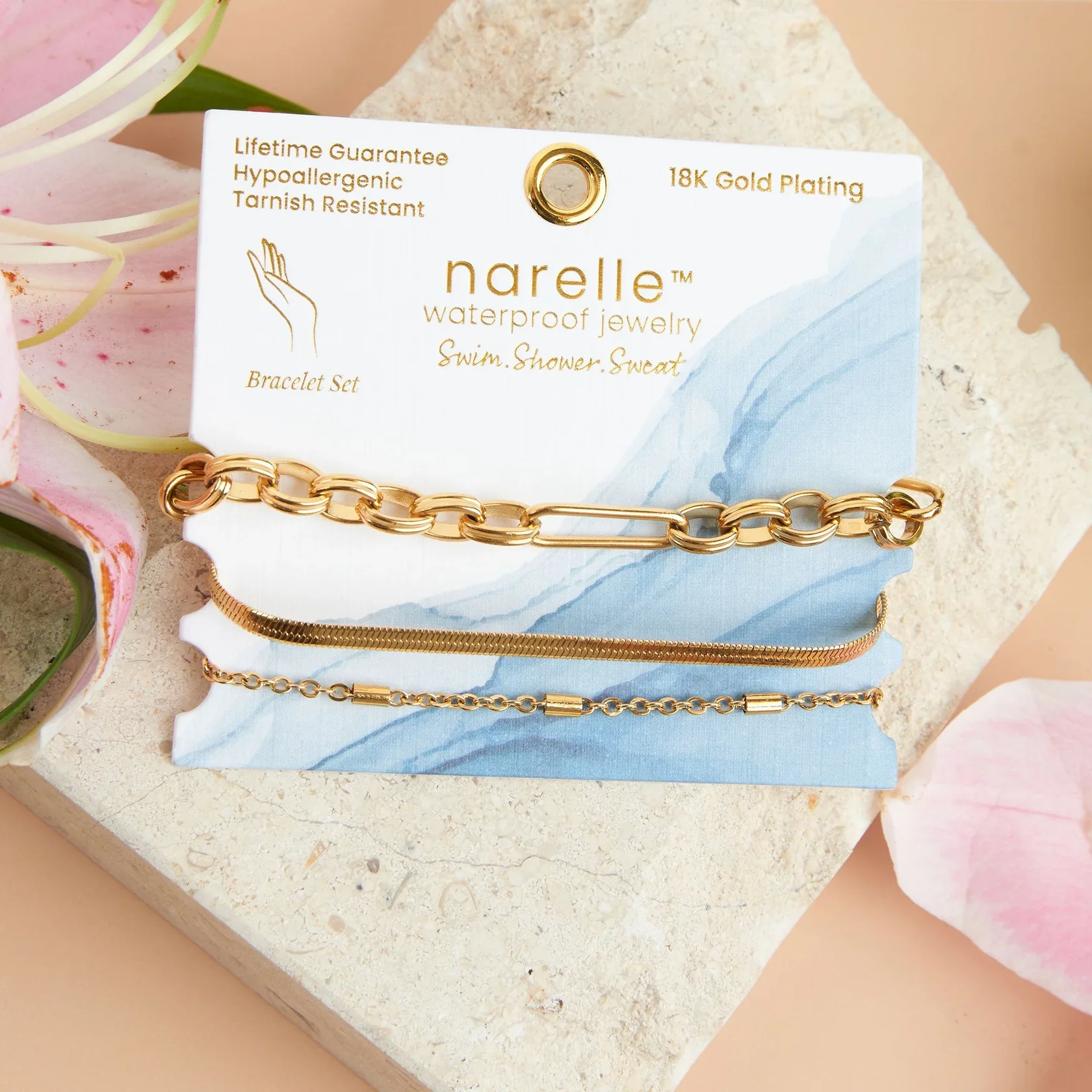 Narelle - Waterproof Snake Chain Bracelet Set, Gold - Image 2