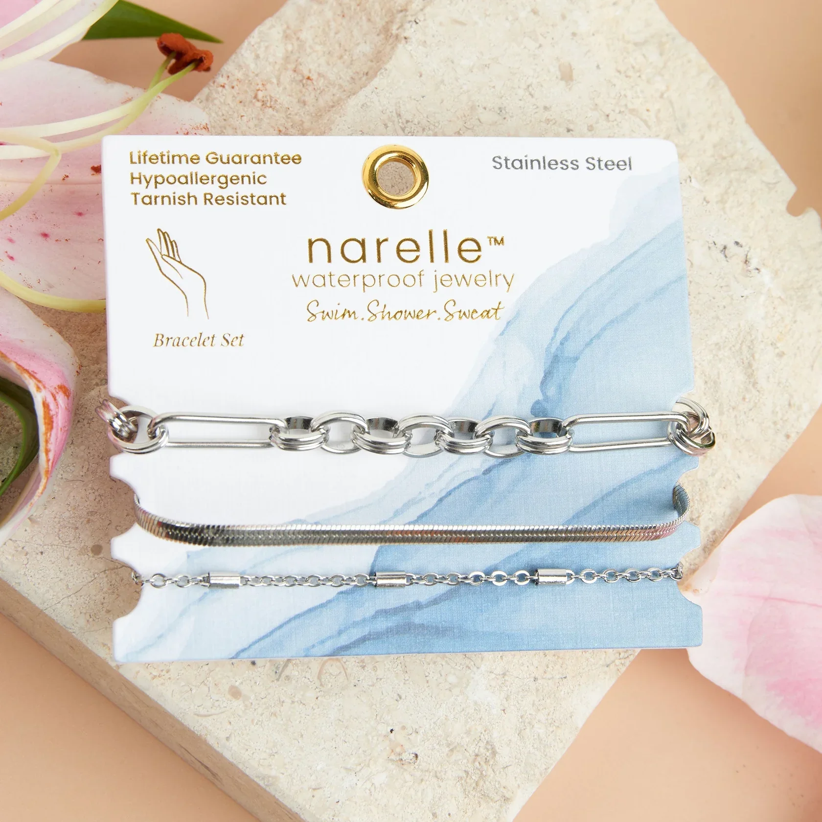 Narelle - Waterproof Snake Chain Bracelet Set, Silver - Image 2