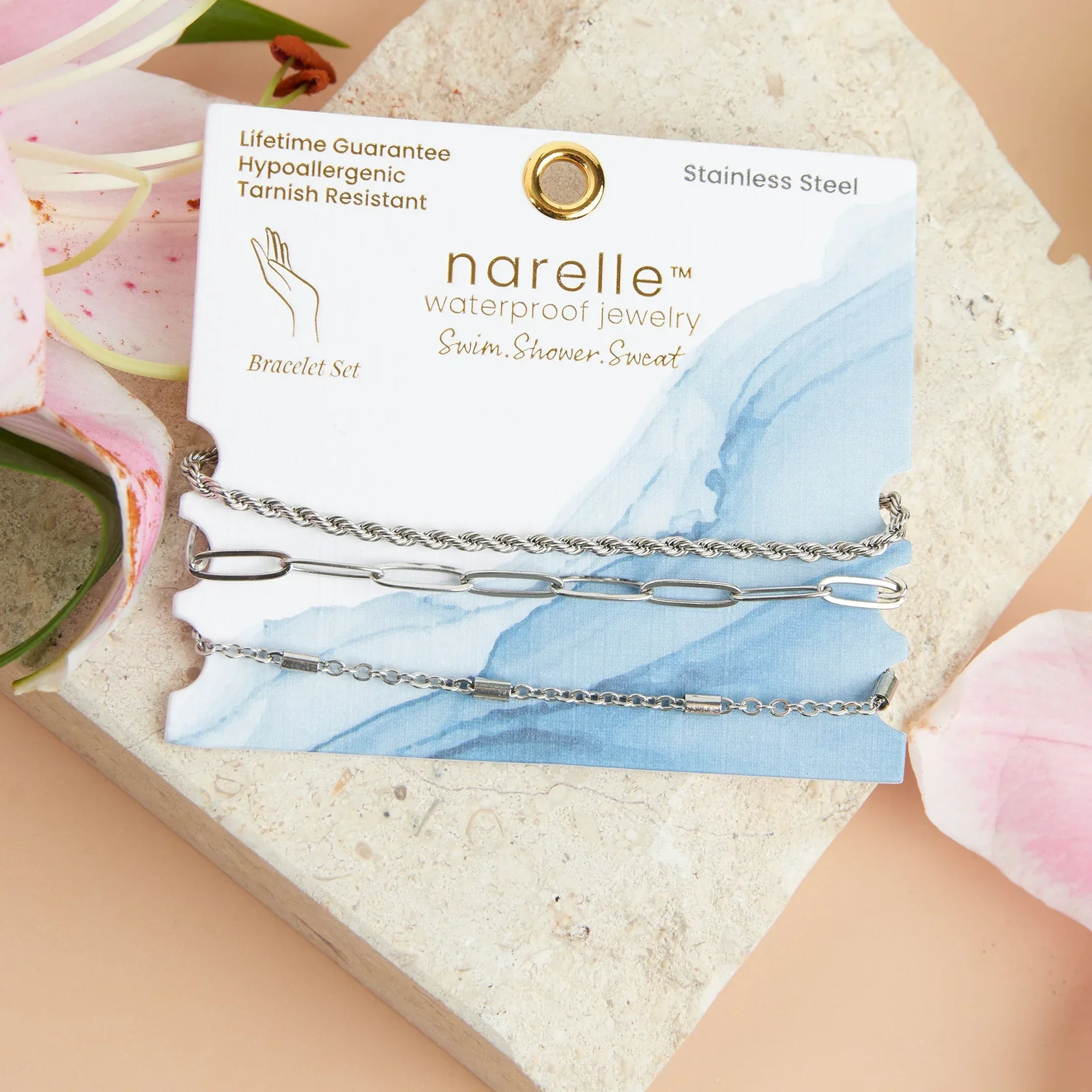 Narelle - Waterproof Twisted Chain Bracelet Set, Silver - Image 2
