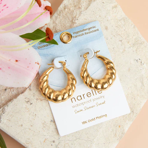 Narelle - Waterproof Twisted Chunky Hoop Earrings, Gold - Image 2