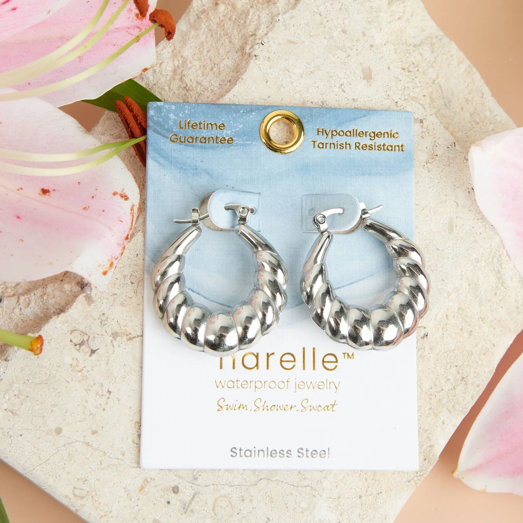Narelle - Waterproof Twisted Chunky Hoop Earrings, Silver - Image 2